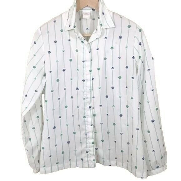 Vintage Jantzen Shirt Womens Medium White Button Up Shell Print Blouse Preppy - Picture 1 of 8